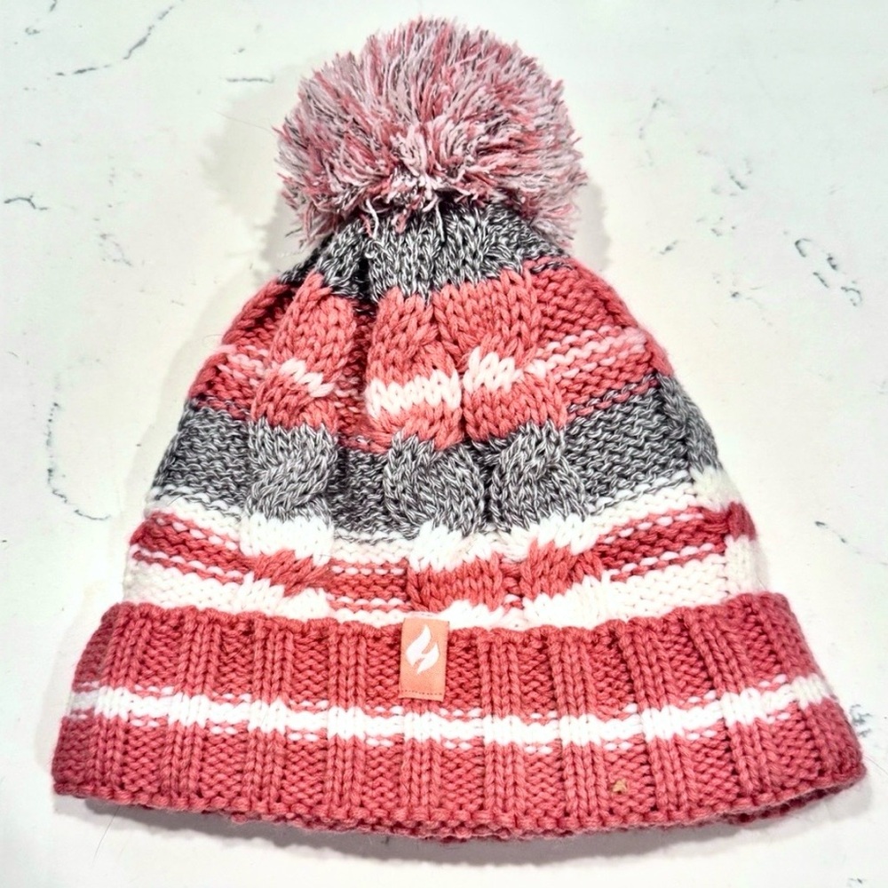 Heat Holders Pink and Grey Cable Knit Striped Women’s Beanie Pom Pom Hat NWOT